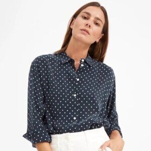 Chico’s Navy & White Polka Dot Chiffon Shirt (Size Small)